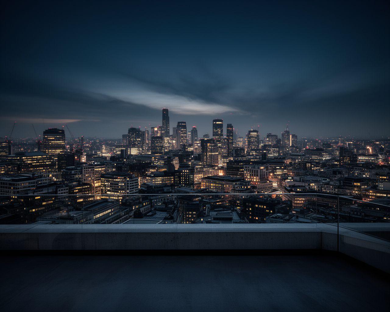 London skyline at dusk seen from The Terrace with office lights and a dramatic city horizon