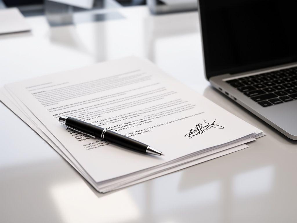 Close-up of a signed contract page and pen on a polished meeting table beside a laptop